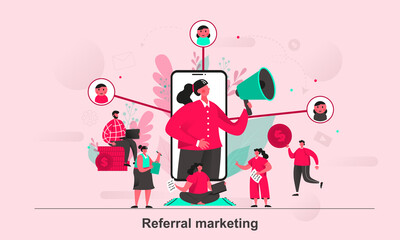 Referral marketing web concept design in flat style. People share info about referral program. Refer a friends scene visualization. Vector illustration with tiny people characters in life situation.