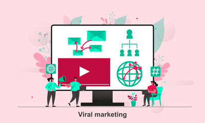 Viral marketing web concept design in flat style. Spreading marketing message about valuable product or service scene visualization. Vector illustration with tiny people characters in life situation.