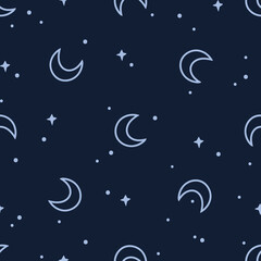 Obraz na płótnie Canvas Celestial black and white moon seamless pattern - hand drawn line space digital paper with moon and stars, cute kids starry seamless background for textile, scrapbooking, wrapping paper