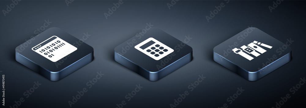 Aufkleber set isometric binary code, book and calculator icon. vector.
