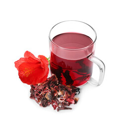Delicious hibiscus tea and dry flowers on white background