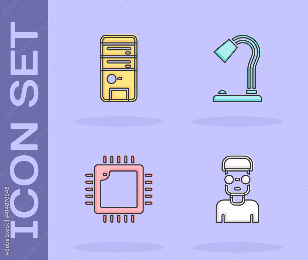 Poster set nerd geek, computer, processor with cpu and table lamp icon. vector.