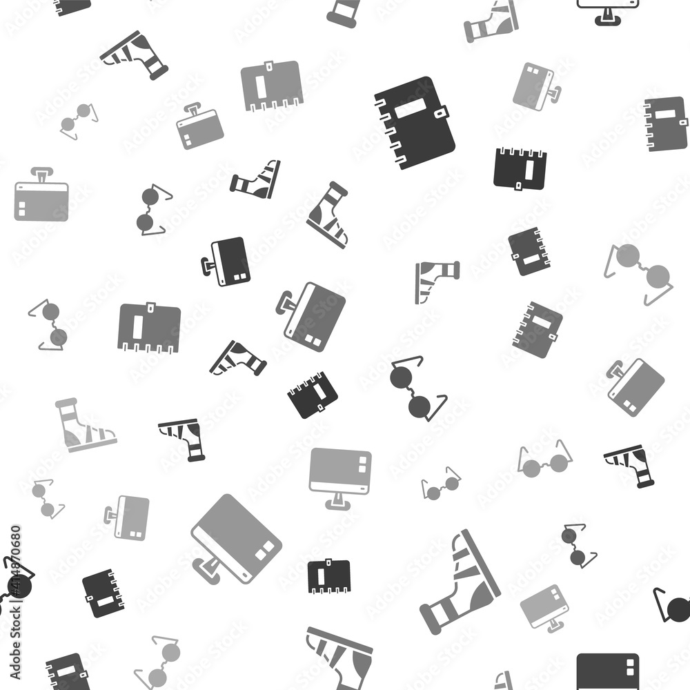 Poster set spiral notebook, slippers with socks, eyeglasses and computer monitor screen on seamless pattern