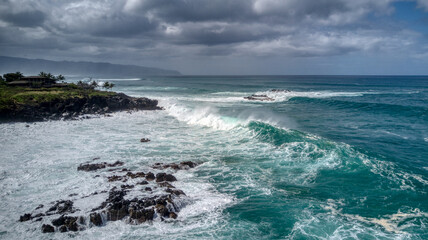 Cool View of Large Waves Breaking on the Rocks at Waimea Bay, Hawaii 