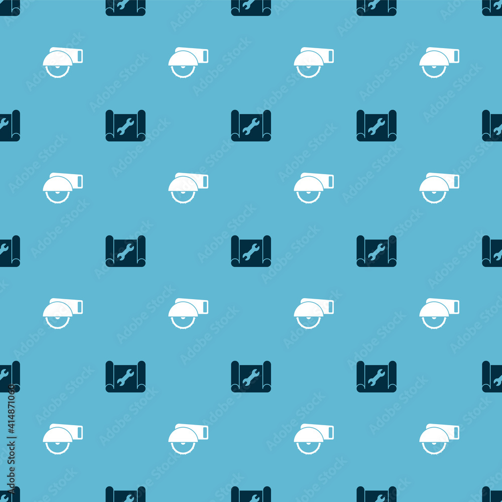 Poster set graphing paper and wrench and electric circular saw on seamless pattern. vector.