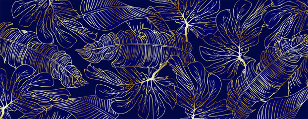 Luxury gold and nature blue background vector. Floral pattern, Golden split-leaf Philodendron plant with monstera plant line arts, Vector illustration. © andrei