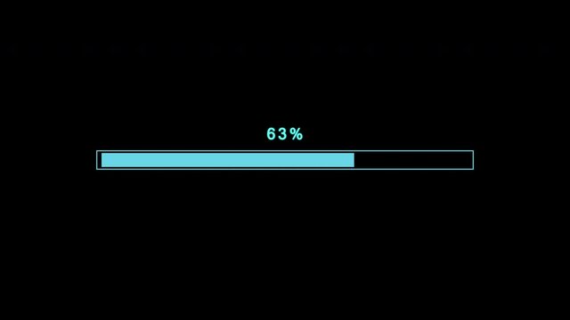 Futuristic blue progress loading bar 0-100 percent on Black Background