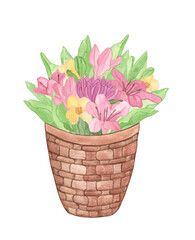 Watercolor hand drawn basket with summer pink flowers and leaves