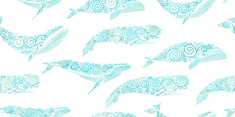 Wild Whales with Ethnic Ornaments. Seamless Pattern for your design