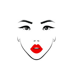 Beautiful woman Asian face with red lips for Beauty Logo, sign, symbol, icon for salon, spa salon. Vector illustration