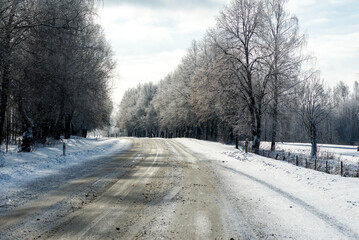 Winter road in snowy forest on a sunny day.