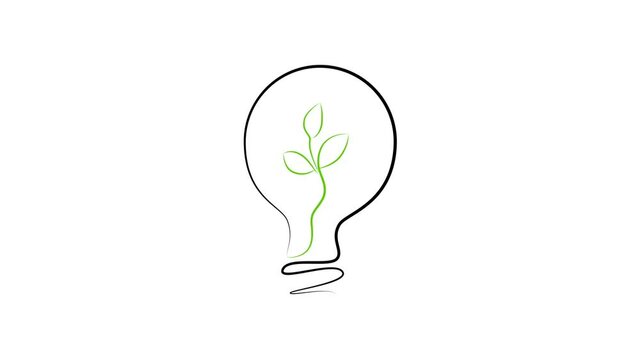 Light bulb and green sprout animation in one line. Energy saving, ecology animated symbol