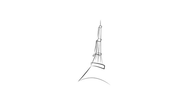 Eiffel Tower in black line. One line animation of Paris landmark