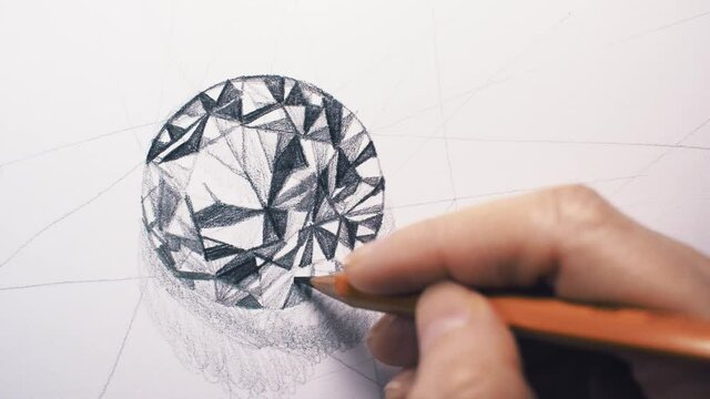 Close up of hand drawing a glass crystal. High quality audio included. ASMR scratching sound of graphite pencil. Geometric pattern. Original artwork.
