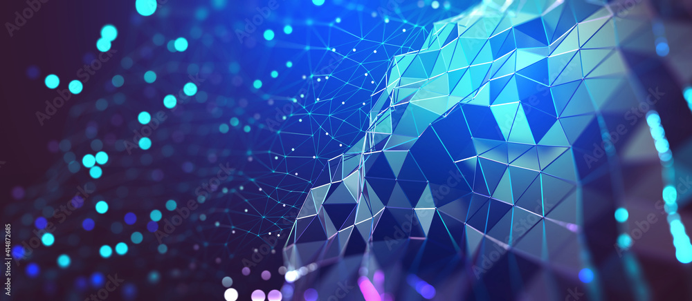 Poster AI and computer brain. High technology, digital big data concept. Neural network, blockchain cloud technologies. Colorful 3D illustration of polygonal network, cybersecurity and internet business
