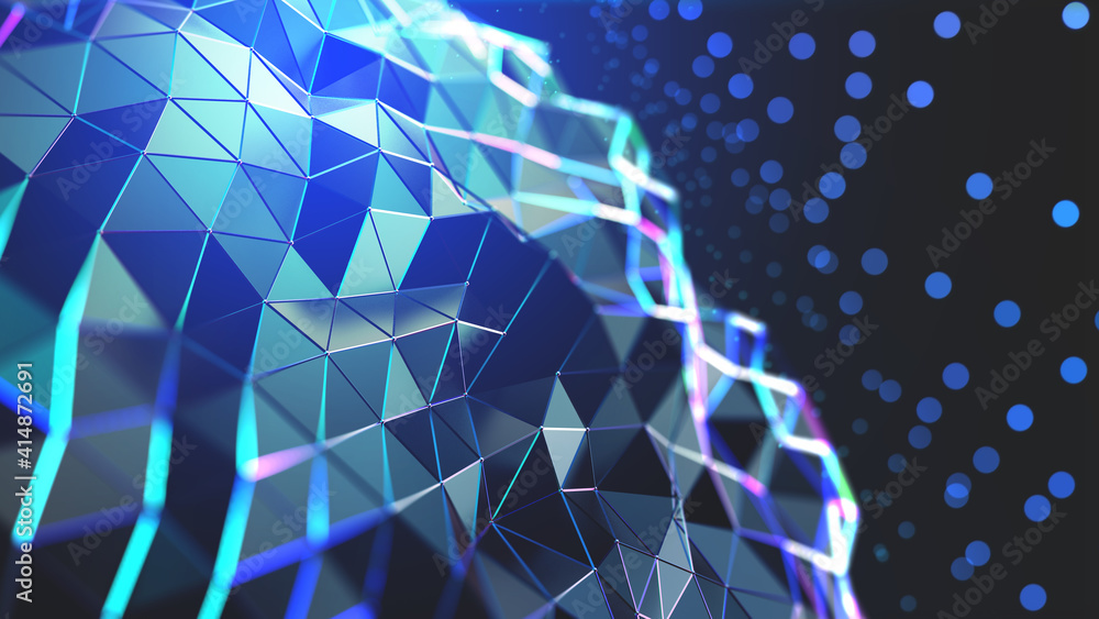 Leinwandbilder Neural network and cloud technologies. Global database and artificial intelligence. Big data concept. Bright, colorful 3D illustration of polygonal network, cybersecurity and internet busines