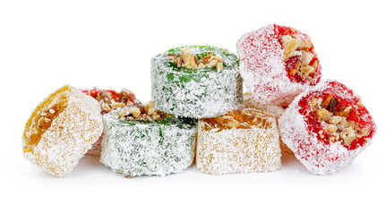 Colorful Turkish delight with nuts in powdered sugar isolated on white