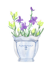 Watercolor summer bouquet of wildflowers in a light blue porcelain vase