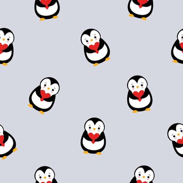 Vector seamless pattern of colored flat cartoon cute penguin with heart isolated on grey background