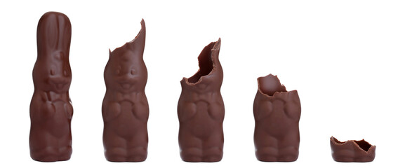 Process of eating delicious chocolate Easter bunny on white background, banner design