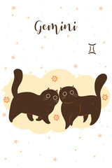 Gemini cats in cartoon style. Postcard with zodiac sign. Vector graphics.