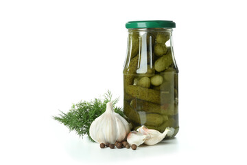 Jar with pickled cucumbers isolated on white background