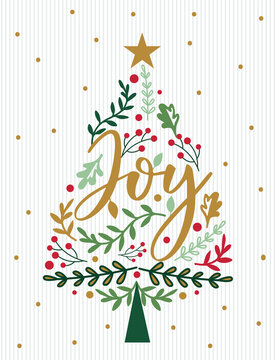 Christmas Tree With Joy Letter And Holly Leaf Pattern