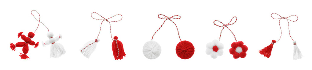 Set with traditional martenitsi in different shapes on white background, banner design. Symbol of...