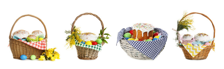 Set of wicker baskets with traditional Easter cakes and decor on white background, banner design