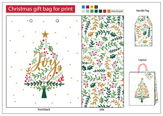 Christmas gift bag for print with tag handle, Christmas Tree gift bag design