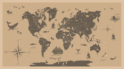 The world map in vintage style  with all countries boundaries and names 