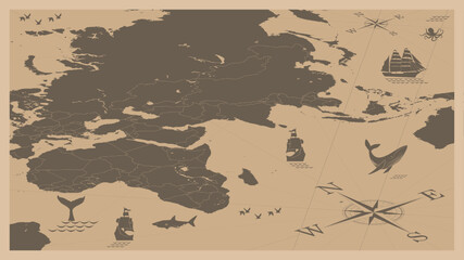 The world map in vintage style, Asian Europe, Africa, vector illustration.