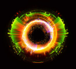 Vivid abstract background. Colorful ellipse. Energy sphere.  .Mystical portal. Bright sphere lens. Rotating lines. Glow ring. .Magic neon ball. Led blurred swirl. Spiral glint lines. HUD