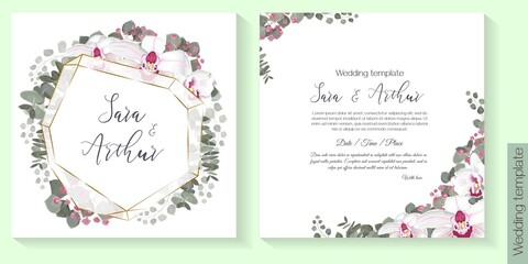 Polygonal gold frame in the shape of a crystal. Royal orchids, gypsophila, eucalyptus. Floral design for your wedding.