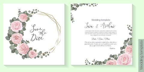 Floral design for wedding invitation. Gold frame in the shape of a crystal, pink roses, green plants, eucalyptus.