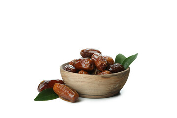 Wooden bowl of dates isolated on white background