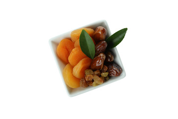 Bowl with dried fruits isolated on white background