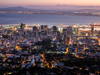 Aerial view of Cape Town City, Harbor and Table Bay at dawn