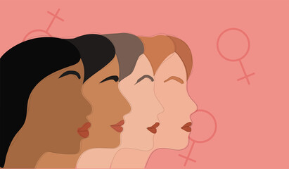 Multi-ethnic beauty. Different ethnicity women - Caucasian, African, Asian and Indian. International women's day 