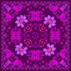 Lilac ornament with fabulous flowers and composition of various paisley on polka dot background. Beautiful frame with leaves and berries. Print for pillowcase, carpet, handkerchief.
