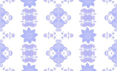 Seamless pattern with blue flowers and paisley on white background. Print for fabric, wallpaper. Ethnic motifs.