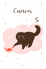 Cat cancer in cartoon style. Postcard with zodiac sign. Vector graphics.