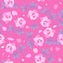 Beautiful romantic pattern with roses flowers, leaves and petals on pink background. Print for fabric.