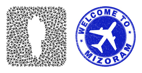 Vector collage Mizoram State map of aeroplane elements and grunge Welcome stamp. Collage geographic Mizoram State map constructed as subtraction from rounded square using air trips.