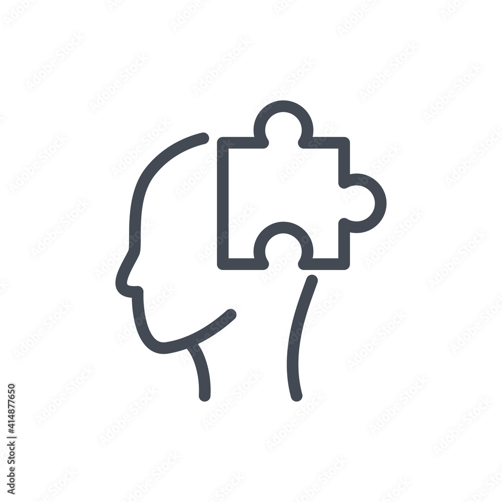 Poster intelligence and solution line icon. human head with puzzle vector outline sign.