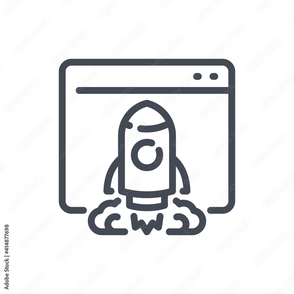 Poster startup and website launch line icon. web page with rocket vector outline sign.
