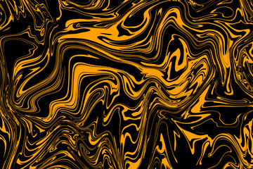 Abstract dynamic pattern in black and orange colors. Abstract golden elements are interwoven with the motif of black marble. Decorative design effects. For textiles, wallpapers, backgrounds, covers an