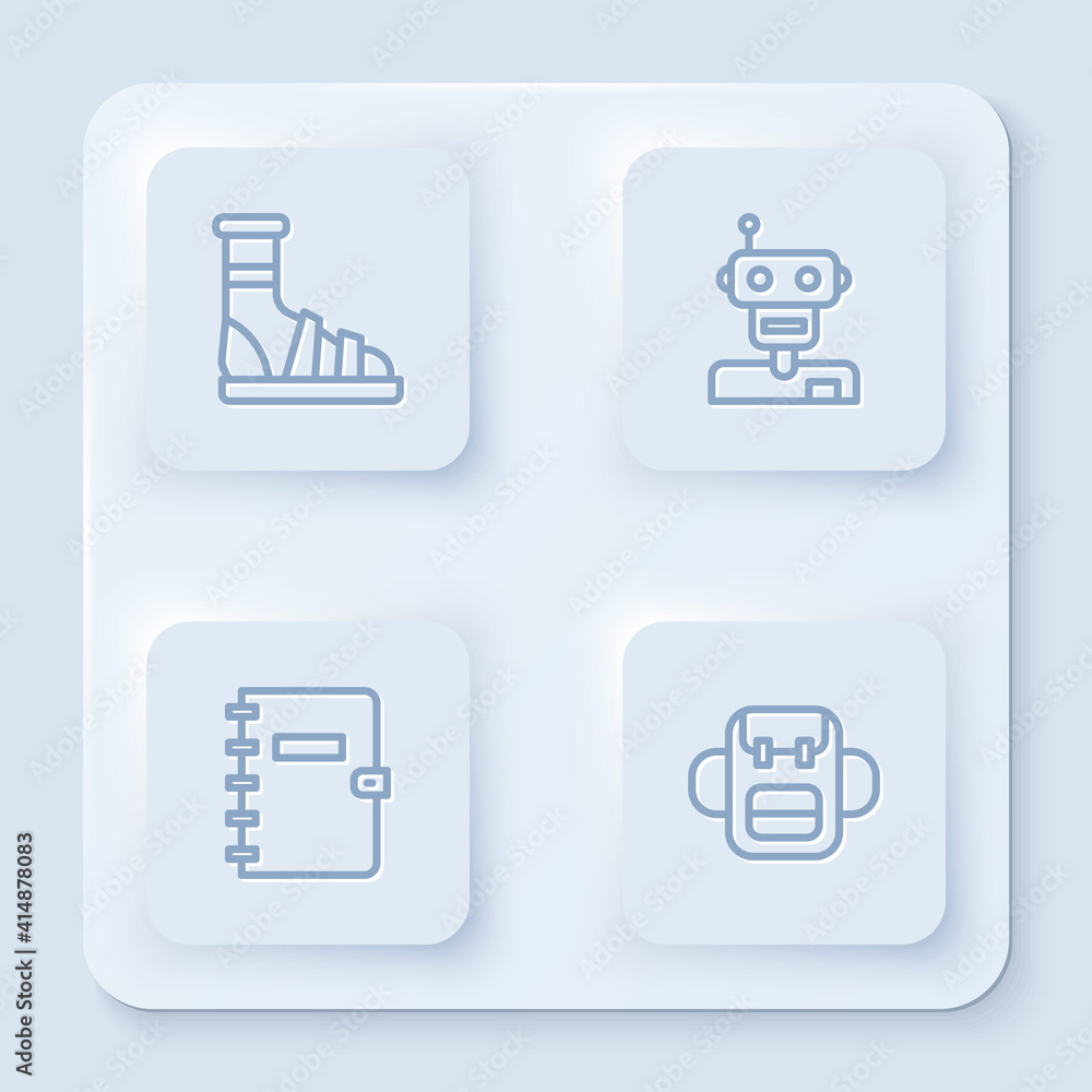 Poster set line slippers with socks, robot, spiral notebook and school backpack. white square button. vecto