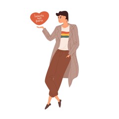 Modern young pansexual or omnisexual person with Hearts Not Parts inscription. Gender-blind queer. Pansexuality and LGBTQ concept. Colored flat vector illustration isolated on white background