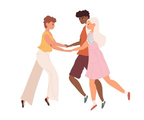 Intimacy of polyamorous or bisexual partners. Romantic and sexual relationship between three young people. Man and women in love. Colored flat vector illustration isolated on white background